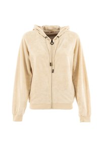 Felpa a zip beige con una finitura morbida e testurizzata. Presenta un cappuccio con cordino, polsini e orlo a coste, e un logo sul lato sinistro del petto.