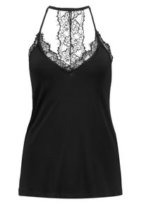 Černý top s krajkovým zadním dílem. Má výstřih do V a design s racerback. Hladká tkanina s jemnou strukturou a složitými krajkovými detaily.