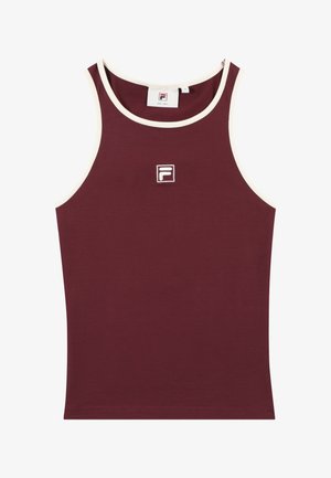 Bordeaux geribbelde tanktop met witte accenten en een klein logo op de borst. Gemaakt van zacht materiaal, heeft het een ronde halslijn en een aansluitend ontwerp.