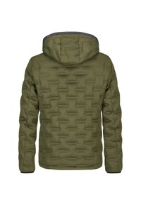 Olivgrüne gesteppte Jacke mit Kapuze. Hat ein puffy Design und elastische Bündchen. Strukturierter Stoff mit glatter Oberfläche.