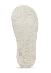 Gummisohle, hellbeige mit geprägtem kreisförmigem Logo-Muster, rutschfeste strukturierte Unterseite, mit dem Aufdruck "Naturino" und der Größe "20".