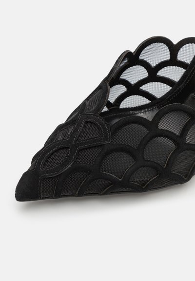Chaussure noire avec une tige en mesh présentant un design en vagues et des accents en daim. Forme de pointe, superposition détaillée et texture translucide.