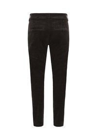 Mustat corduroypö trousersit, joissa on slim fit -leikkaus, kaksi takataskua ja sileä, teksturoitu materiaali. Siistit linjat ja minimalismi.