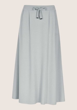 Hellgrauer, langer A-Linien-Rock aus weichem Stoff. Verfügt über eine Taillenbindung und Falten für zusätzliche Textur. Einfaches, vielseitiges Design.