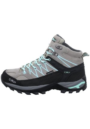 Gray and black waterproof hiking boot with light blue laces, high ankle support, and rugged sole for outdoor terrain.
