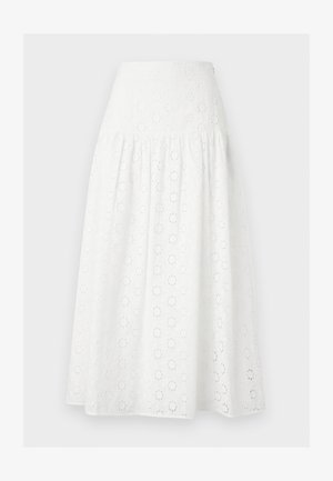 White midi skirt with high waist and all-over floral eyelet embroidery pattern.