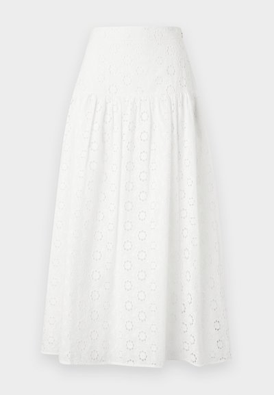 Λευκή μίντι φούστα με ψηλή μέση και ολόκληρο μοτίβο κεντήματος με λουλουδένια ματάκια.