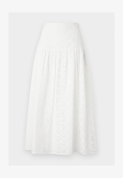 Λευκή μίντι φούστα με ψηλή μέση και ολόκληρο μοτίβο κεντήματος με λουλουδένια ματάκια.