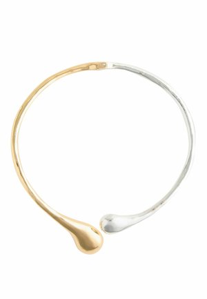 Offene Metallkette mit einer Seite in Goldoptik und der anderen in Silberoptik, mit abgerundeten, tropfenförmigen Enden.