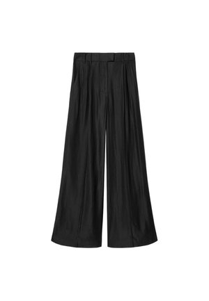 Pantalon noir taille haute à jambes larges avec passants de ceinture et plis sur le devant, présenté à plat sur fond blanc.