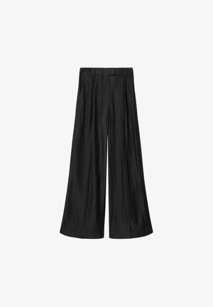 Pantalon noir taille haute à jambes larges avec passants de ceinture et plis sur le devant, présenté à plat sur fond blanc.