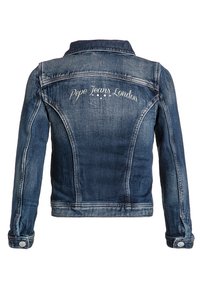 Blue denim jacket with long sleeves, buttoned cuffs, and "Pepe Jeans London" embroidered across the upper back.