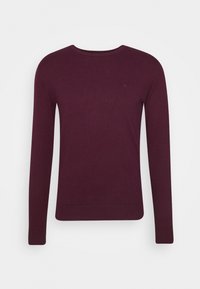 Merlot-colored knit sweater with long sleeves, round neckline, and ribbed cuffs and hem. Smooth texture, minimal branding on chest.