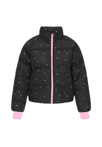 Sort oppustelig jakke med høj krave, lyserød lynlås og ribbede lyserøde manchetter. Funktioner små blomster mønstre over hele stoffet.