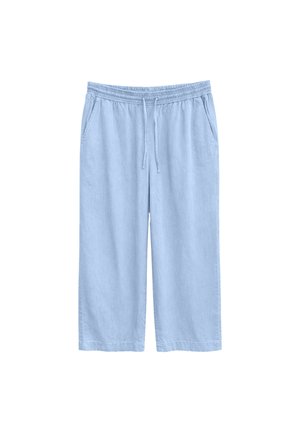 Light blue loose pants with an elastic waistband and drawstring, two side pockets, and a straight leg cut.