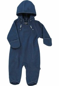 Tummansininen fleecetakki, jossa on huppu, kahdella edessä olevalla vetoketjulla, resoroidut hihat ja pehmeä rakenne, joka sopii kylmälle säälle.