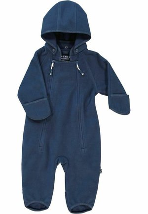 Navyblå fleece-overall med hætte, med to frontlynlåse, manchetter på ærmerne og en blød tekstur der er velegnet til koldt vejr.