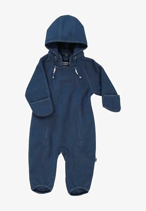Navyblauer Fleece-Overall mit Kapuze, ausgestattet mit zwei Reißverschlüssen vorne, gerippten Ärmeln und einer weichen Textur, die sich für kaltes Wetter eignet.