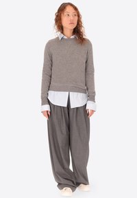 Maglione grigio in lana indossato sopra una camicia azzurra a bottoni, abbinato a pantaloni grigi larghi e sneakers crema. Design semplice e informale.