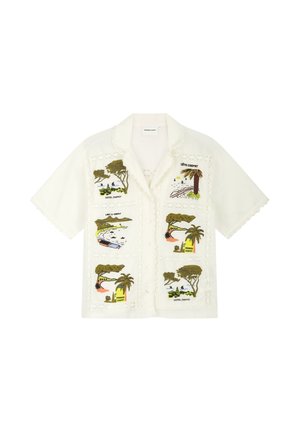 White short-sleeve button-up shirt with six embroidered coastal scenes featuring trees, palm trees, water, and text labels like "HOTEL CHAPOT."