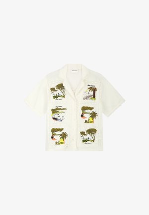 White short-sleeve button-up shirt with six embroidered coastal scenes featuring trees, palm trees, water, and text labels like "HOTEL CHAPOT."