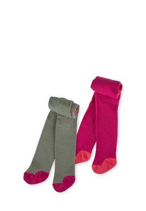 Deux paires de collants jusqu'aux genoux : l'une en vert olive avec des accents roses aux orteils, l'autre en rose vif avec des accents corail aux orteils. Matériau en tricot doux.