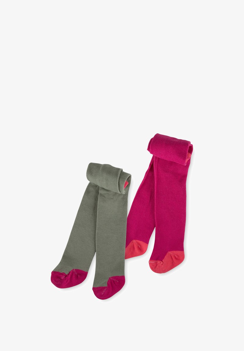 Due coppie di calze al ginocchio: una in verde oliva con dettagli rosa sulle punte, l'altra in rosa brillante con dettagli corallo sulle punte. Materiale in maglia morbida.