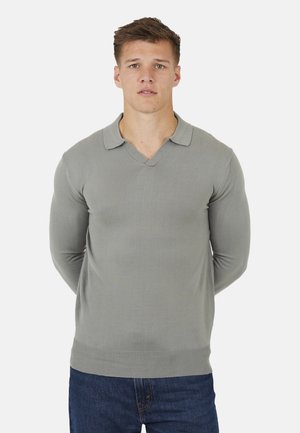 Light gray V-neck sweater with a collar, ribbed texture, and fitted design. Worn with dark blue jeans, showcasing a casual look.