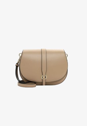 Beige Leder Umhängetasche mit runder Form, schwarzer Umrandung, goldenen Beschlägen und einem vorderen Verschluss. Sie verfügt über einen abnehmbaren Schultergurt.