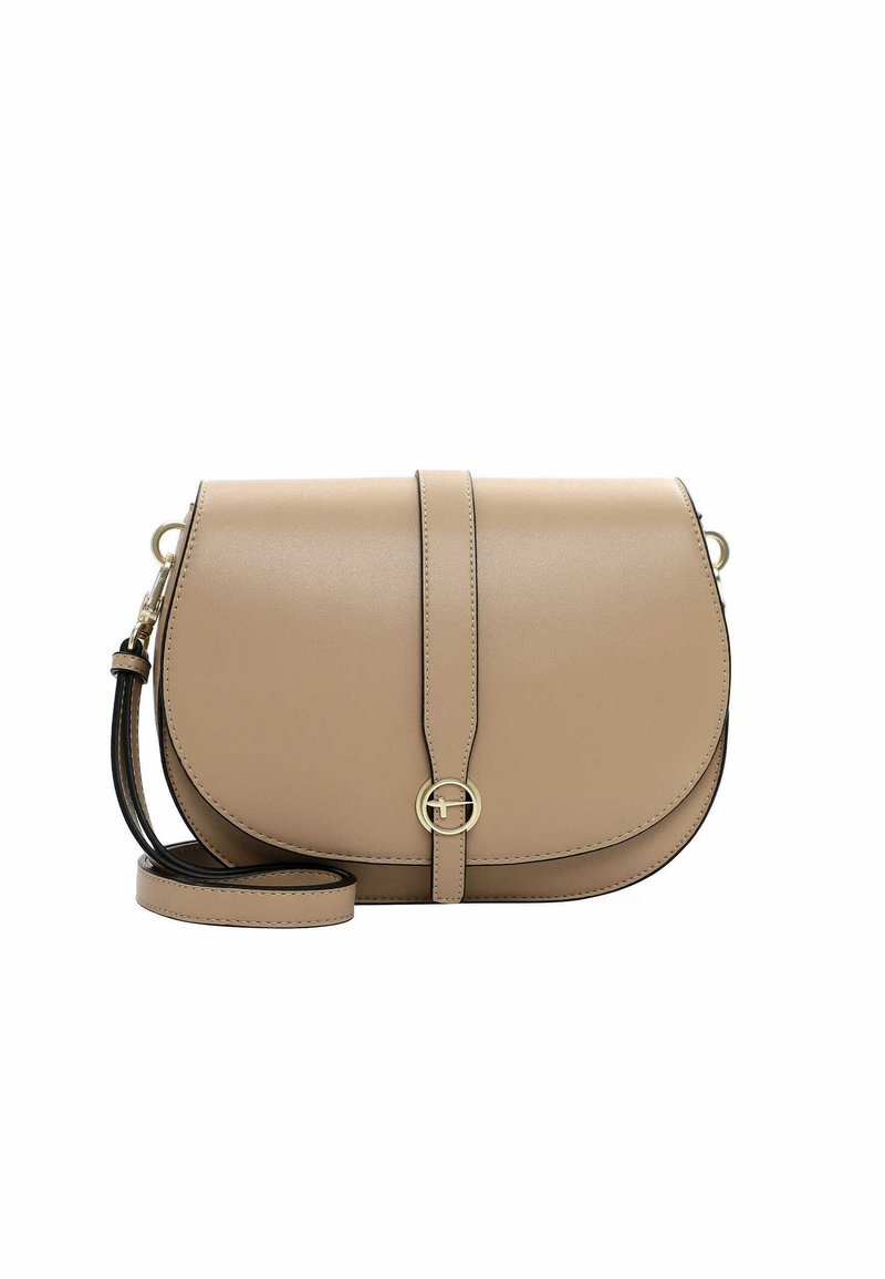 Beige läder crossbody-väska med rundad form, svart kant, guldbeslag och stängning fram. Har en avtagbar axelrem.
