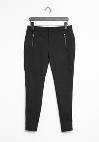 Black pants with a slim fit, featuring elastic material, two zippered pockets, and a smooth texture. Hangs on a black hook.