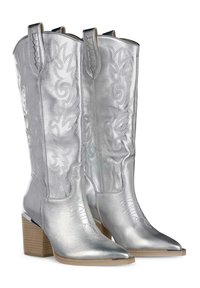 Silver metallic cowboy boots with embroidered accents, pointed toes, and stacked heels. Features pull tabs for easy wear.