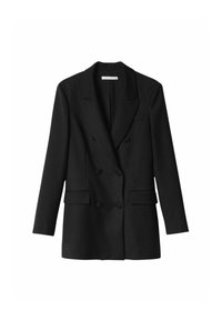 Blazer nero doppiopetto realizzato in tessuto liscio. Presenta rever a punta, due tasche frontali e sei bottoni per la chiusura.