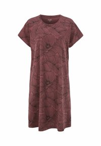 Burgundy blommig tunika klänning med rund halsringning, korta ärmar och lös passform; har svart kontur av stora blommor i ett upprepande mönster.