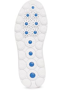 Suela de zapato blanca con patrones circulares y acentos azules. Presenta agujeros de ventilación e inscripción "Patente Italiana GEOX" en la parte inferior.