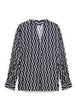 Langærmet bluse med geometrisk mønster i marineblå, hvid og creme. V-udskæring, med knapmanchet og letvægtsstof.