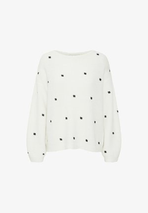 Pull blanc en tissu doux, orné de motifs floraux noirs dispersés, doté d'un col rond et de longues manches légèrement surtaillées.