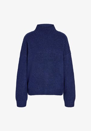 Maglione a collo alto di colore blu navy, con una texture a coste sulle spalle e sulle maniche, e un corpo dalla vestibilità morbida.
