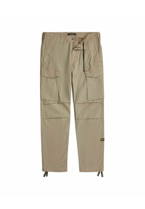 Pantaloni cargo beige realizzati in tessuto leggero, con molteplici tasche laterali, orli regolabili e cintura con coulisse.