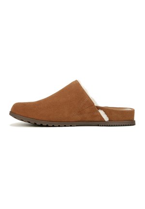 Brown suede slip-on shoes with a soft white lining, low profile, and textured rubber sole. Features a sleek curved design.