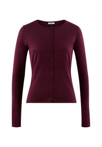 Cardigan bourgogne en tricot doux, avec un col rond, des manches longues et six boutons à l'avant le long du centre.