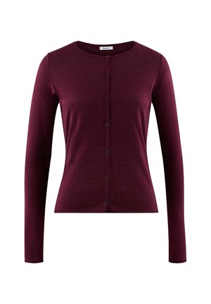 Burgundský cardigan vyrobený z měkké pleteniny, s kulatým výstřihem, dlouhými rukávy a šesti předními knoflíky podél středu.