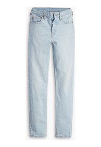 Jean bleu clair taille haute, coupe droite, avec braguette à boutons et design cinq poches, présenté sur fond blanc.