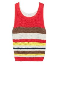 Crochet tank top featuring bold stripes in red, brown, yellow, and navy. Ribbed hem with a round neckline and sleeveless design.