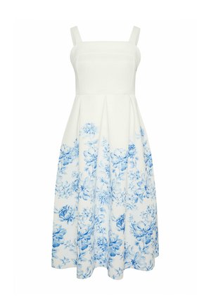 Hvid ærmeløs midikjole med firkantet halsudskæring og blå blomsterprint på den plisserede nederdel.