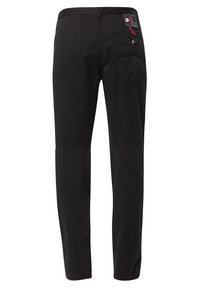 Svarta byxor gjorda av ett slätt tyg. Funktioner inkluderar flera fickor, en knappdetalj och en dekorativ söm på bakfickan.