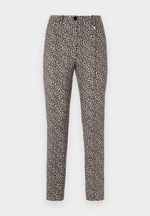 Leopardprint broek met een beige achtergrond, voorzien van een strakke pasvorm, een gladde textuur en een enkele knoopsluiting.