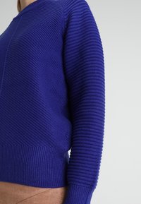 Pull bleu tricoté avec nervures texturées, col rond et manches à revers. Matière lisse avec une silhouette ajustée.