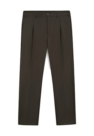 Dark brown tailored trousers with front pleats, belt loops, side pockets, and a button closure at the waist.