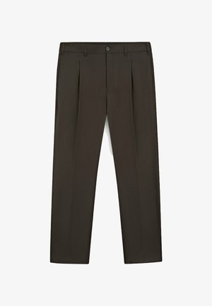 Dark brown tailored trousers with front pleats, belt loops, side pockets, and a button closure at the waist.
